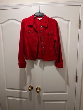 Red Button-Front Denim Jacket